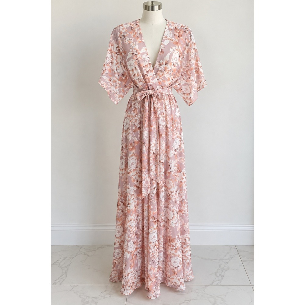 ANRABESS Floral Maxi Dress M Pink Boho Kimono Sleeve Wrap Vacation Wedding